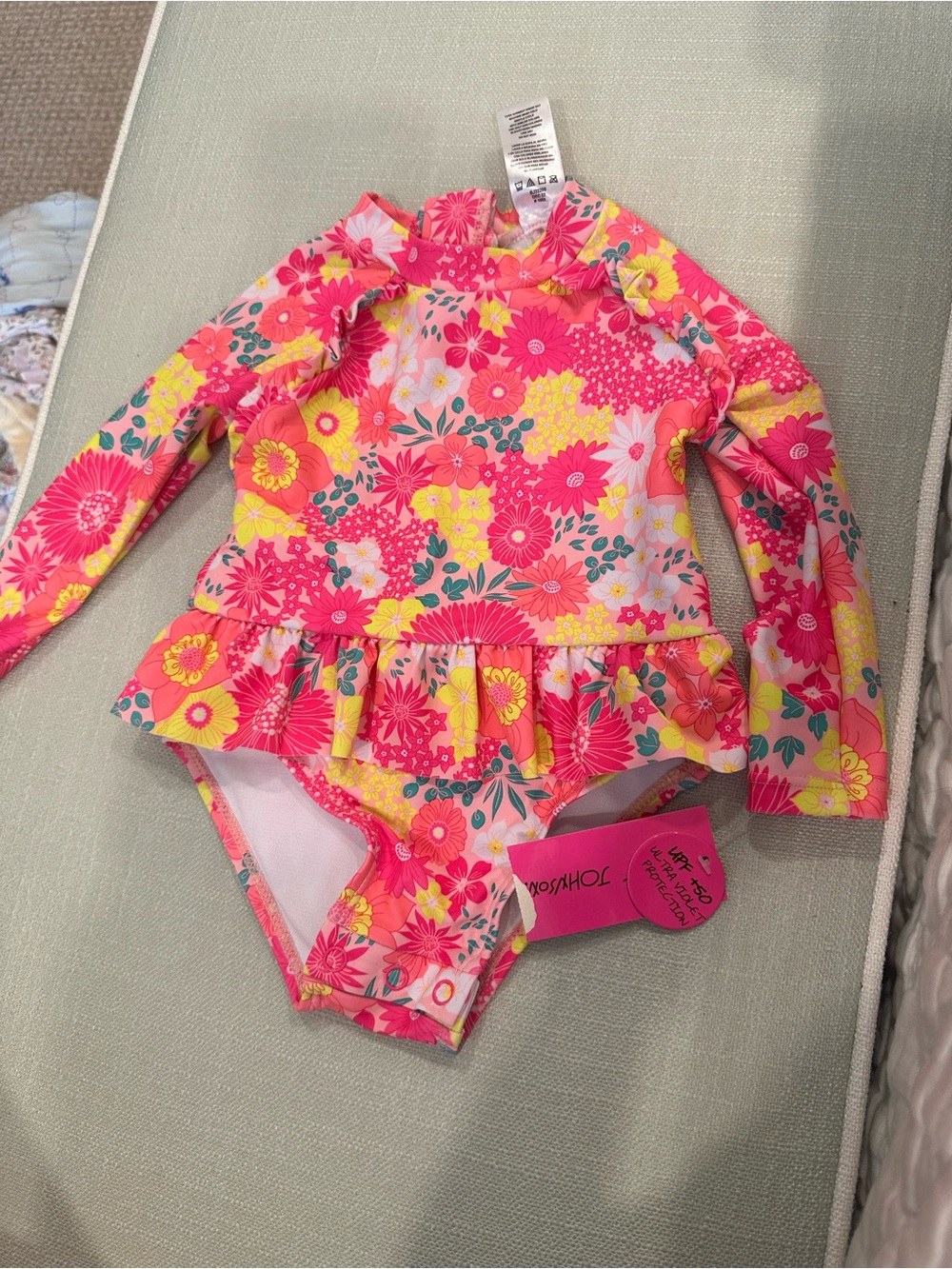 Betsey Johnson Baby Girls' Pink Floral Long-Sleeve Rash Guard Swimsuit 18mo